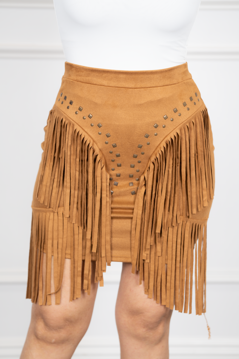 Moxa-Camel STUD EMBELLISHED LAYERED FRINGE SIDE DETAIL MINI SKIRT