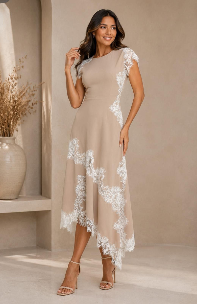Dora-Beige Satin Lace Asymetric Maxi Dress – PaulinasFashion
