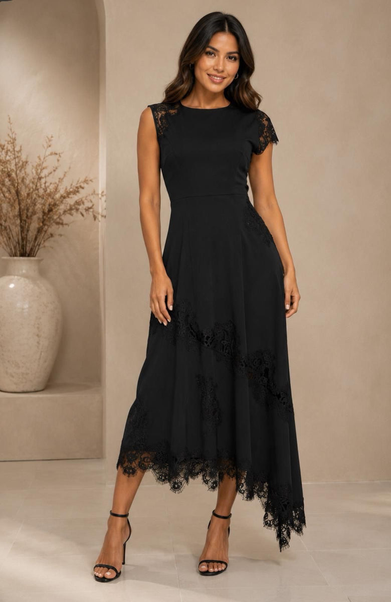 Dora-Black Satin Lace Asymetric Maxi Dress – PaulinasFashion