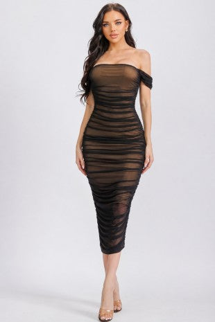 off shoulder ruched mesh bodycon midi dress SEROYA Noel Off-Shoulder Ruched Mesh Midi Dress
