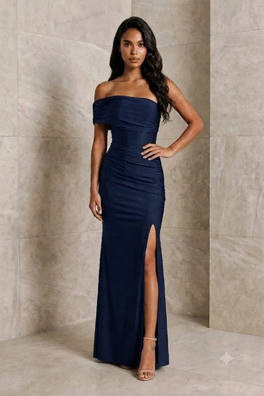 Elsa-Navy Blue One-shoulder Side Slit Pleated Cocktail Dress – PaulinasFashion