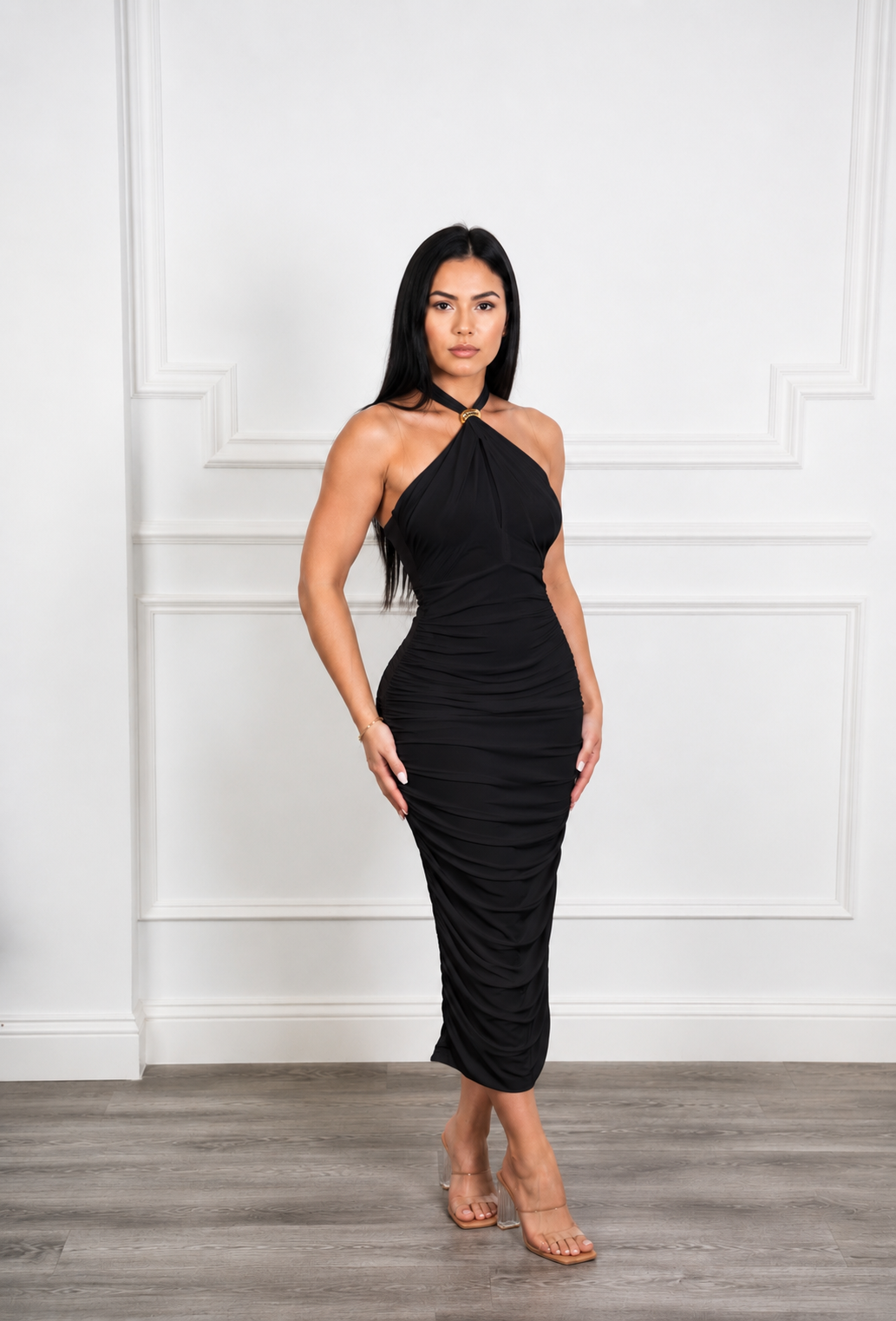 halter neck midi dress Annita Crepe / Black | MESHKI look mock neck. Halterneck midi dress