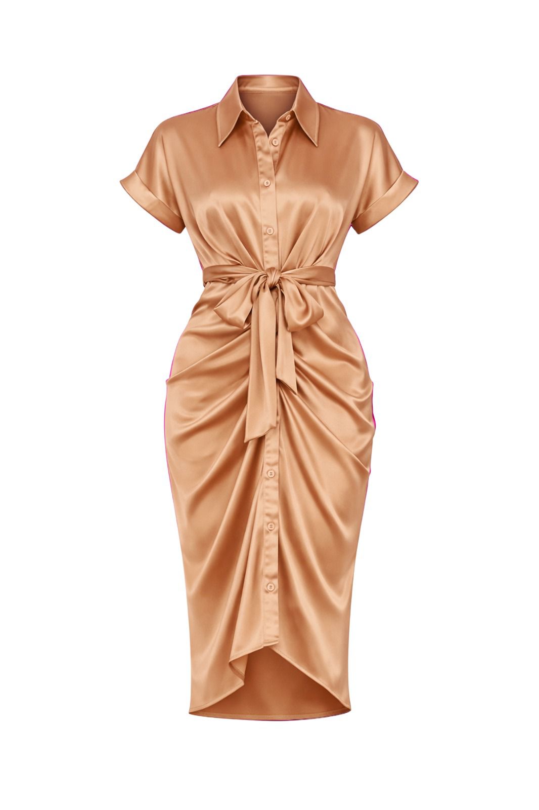 divine heritage shirt dress Luna-Tan Woven Solid Midi Dress With Waist Tie Detail – PaulinasFashion