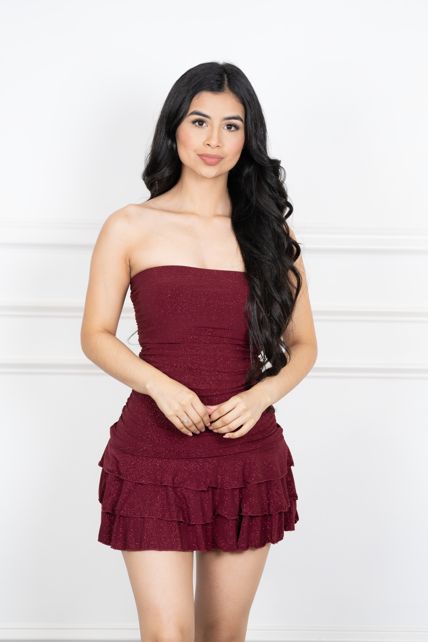 Abril-Burgandy Glitter Tube Top Mini Dress