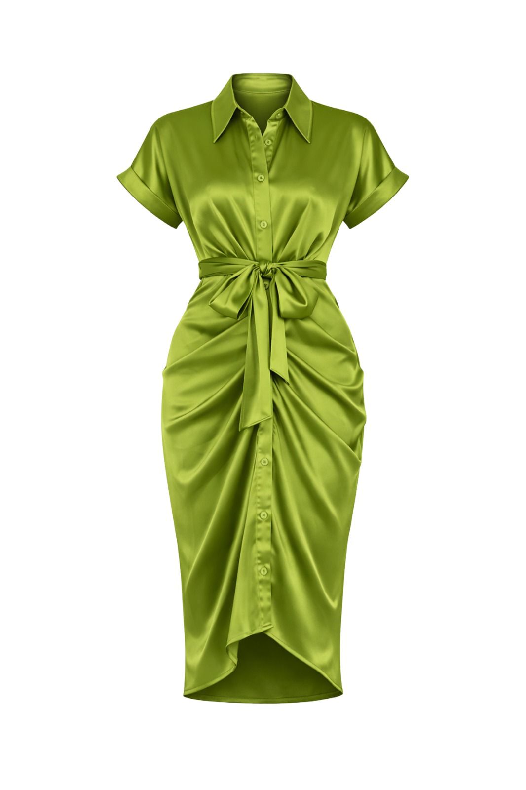 Luna-Green Olivo Woven Solid Midi Dress With Waist Tie Detail Luna-Green Olivo Woven Solid Midi Dress With Waist Tie Detail