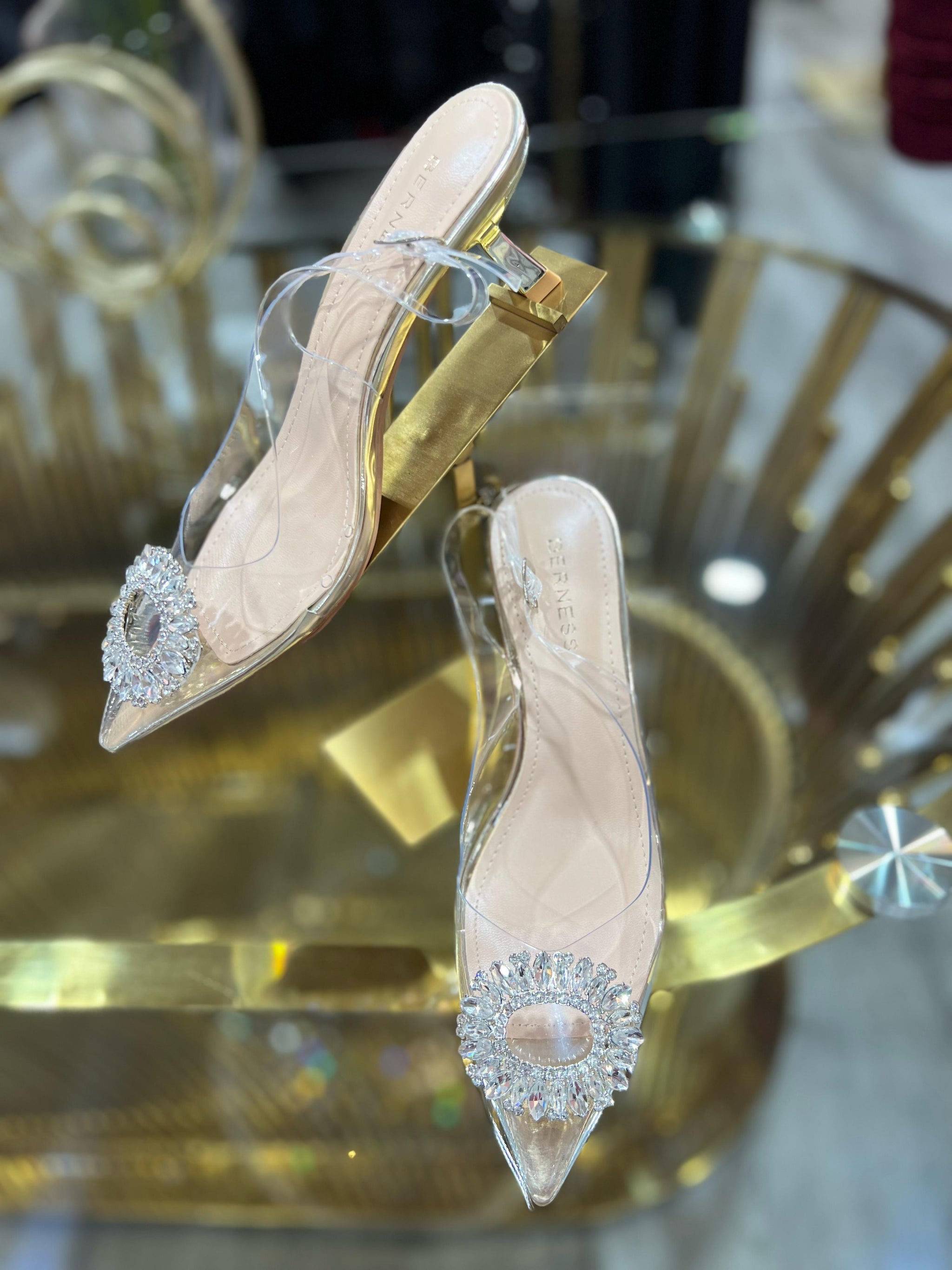 Rhinestones Clear Dress Shoes Low Heel Toe Clear Sandals With Jewels Rose  Gold Clear Heels With